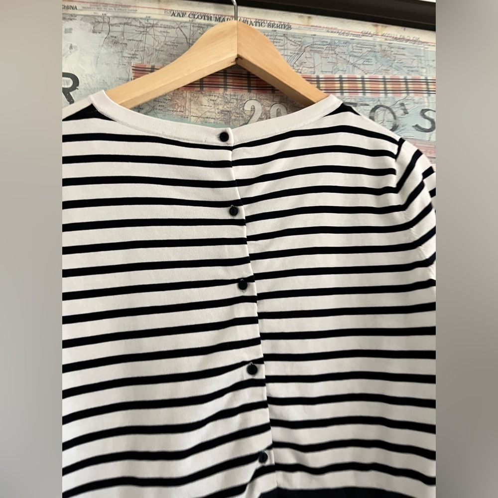 COS Navy Blue White Stripped Coastal Cotton Silk Button-Back Top S - Picture 3 of 6